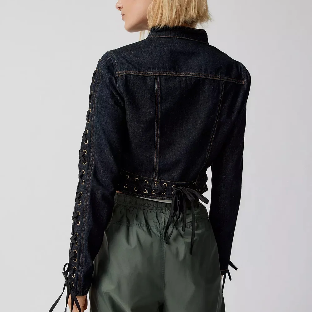 Lioness Dark Indigo Berlin Denim Crop Jacket with Lace-Up Accents Size L US 8 - Picture 7 of 14